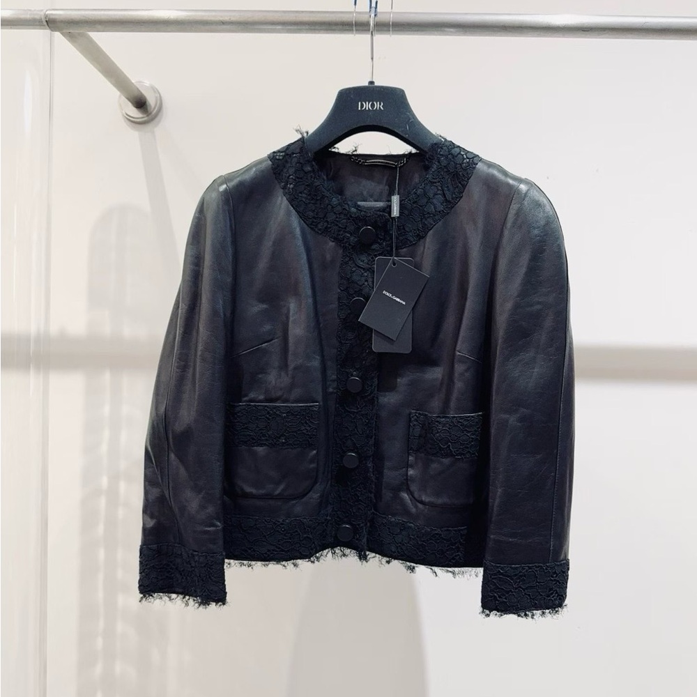 ❌sold❌Authentic Dolce & Gabbana Black Leather Jacket with Lace Trim